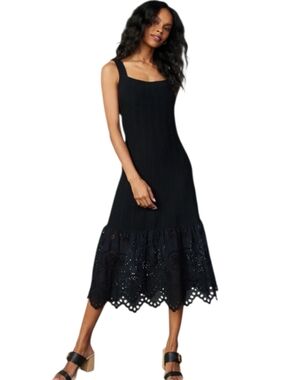 Nwot Current Air Rib Knit Blk Sleeveless Midi Dress Eyelit Scalloped Ruffle Hem